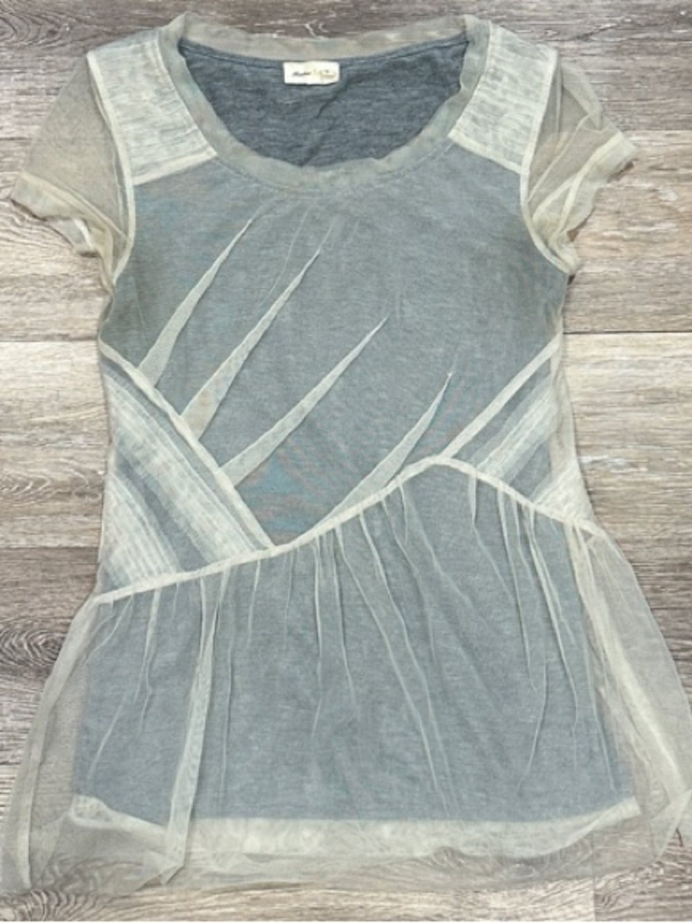 Anthropologie Meadow Rue Gray Top with Cream Mesh Trim